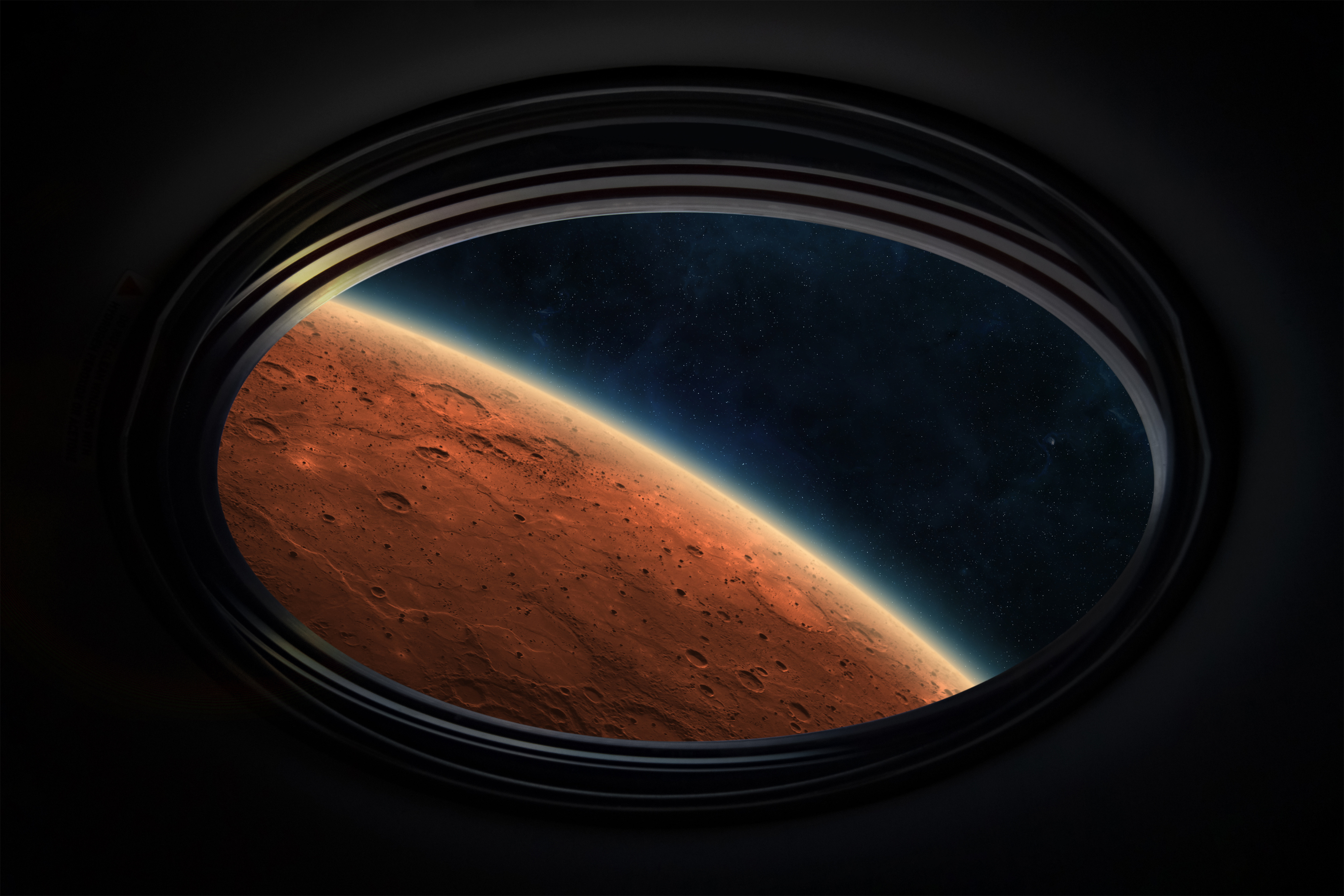 Mars planet in spaceship porthole.